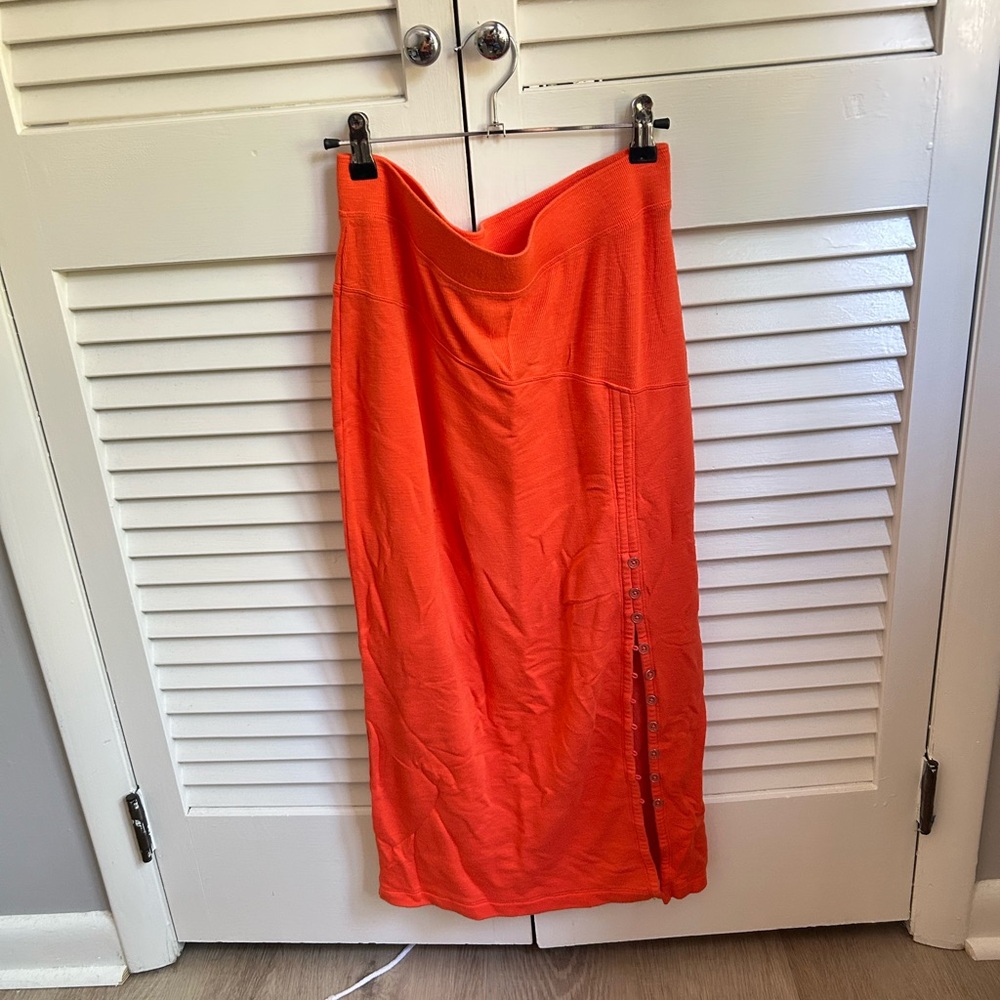 Bright Orange Button-Trim Knit Midi Skirt